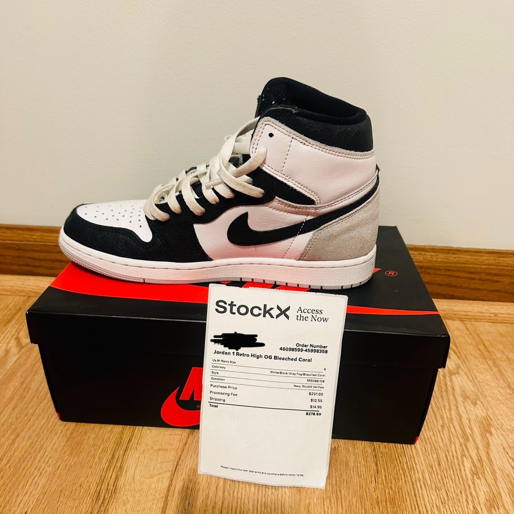 Jordan 1 Retro High OG Bleached Coral tennis shoes.  Men’s size 9